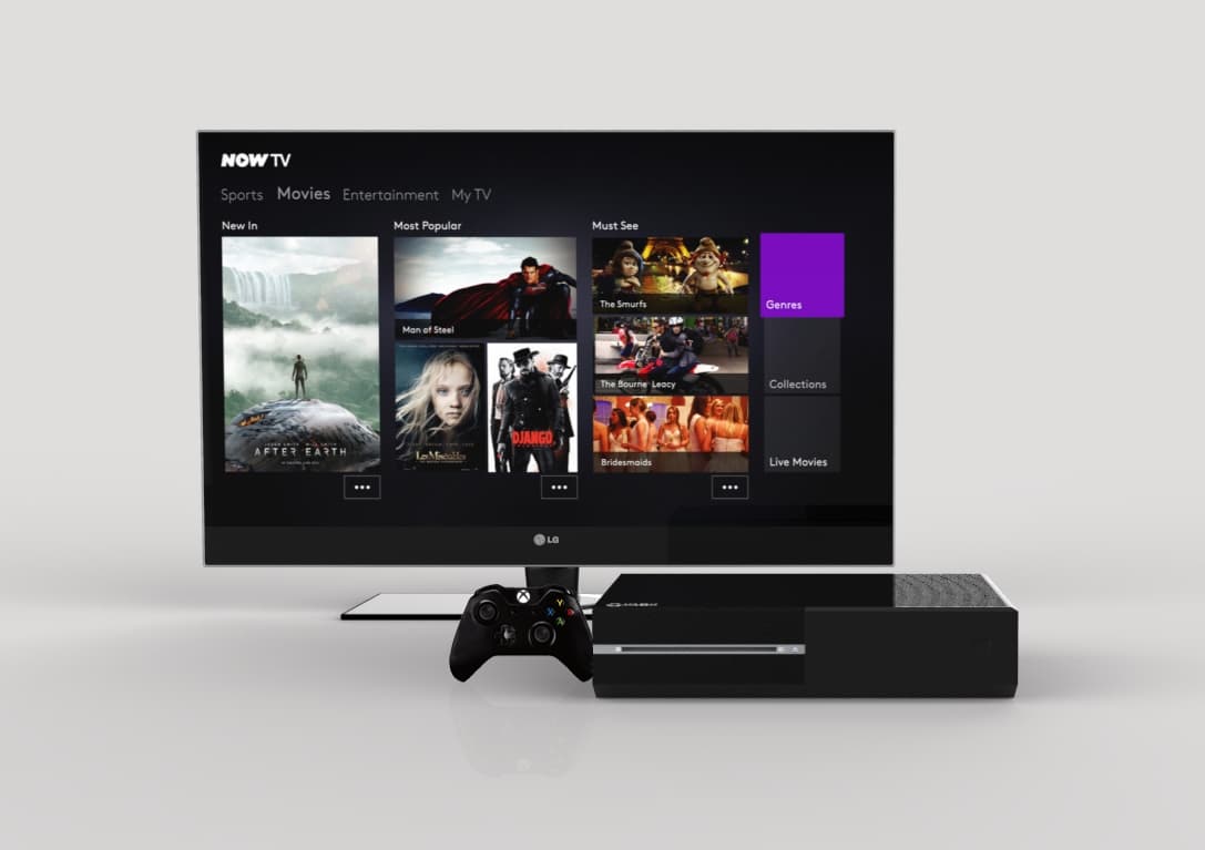 NOW TV’s Xbox One app displaying movies on a television alongside an Xbox One console and controller