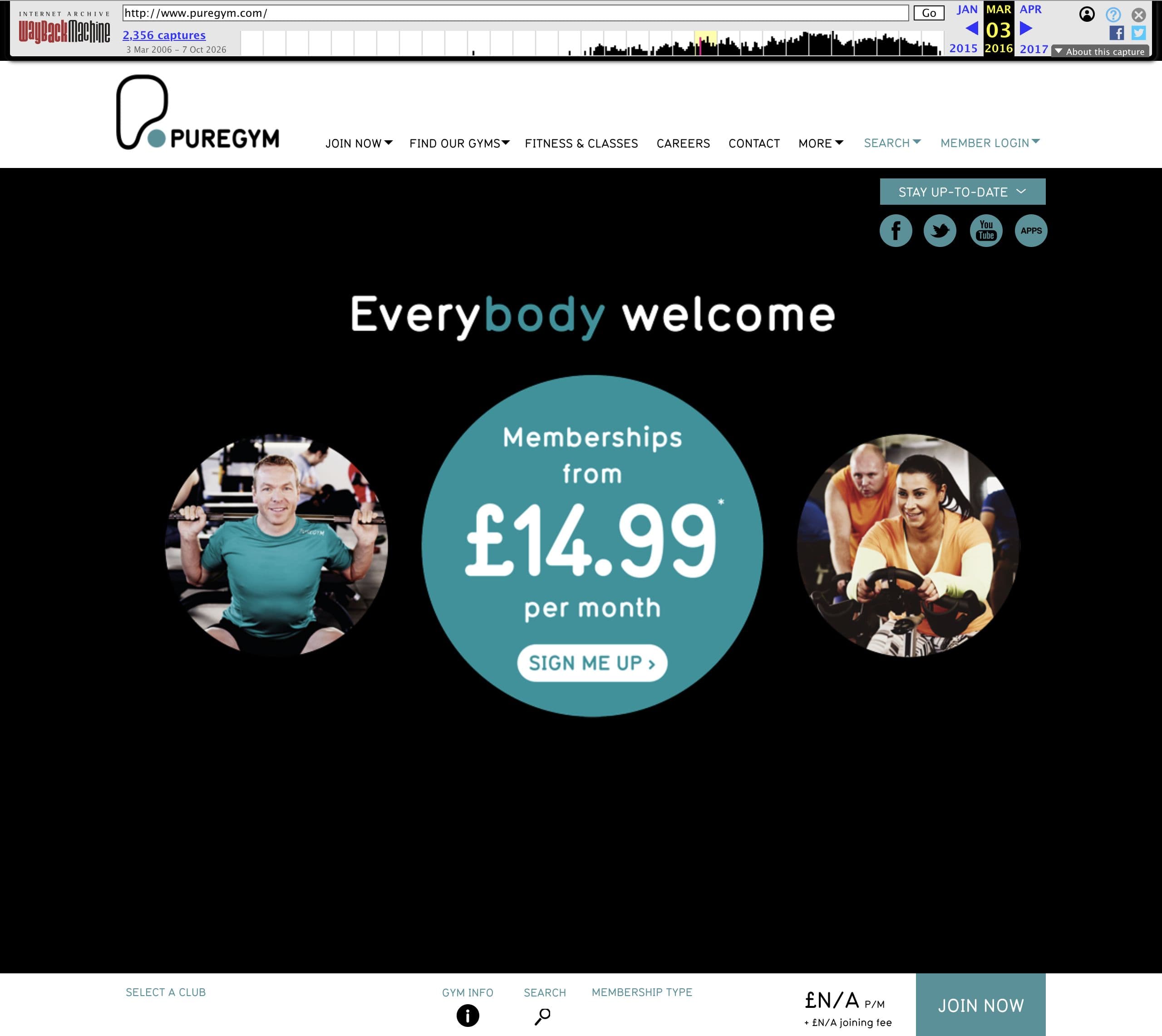 PureGym’s archived March 2016 homepage, with membership promotion, gym selector and member navigation