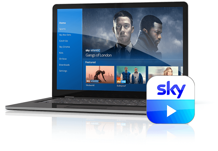 Sky Go desktop app shown on a laptop, with a programme catalogue and sidebar navigation