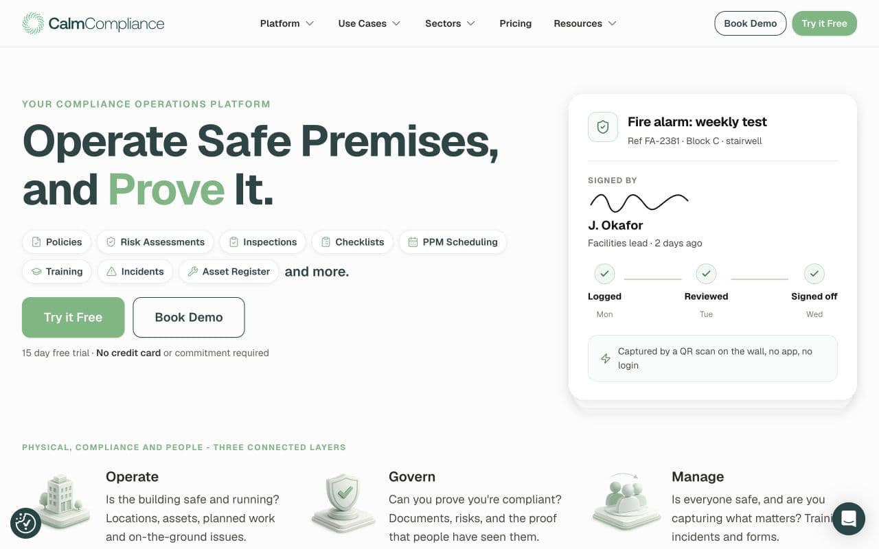 CalmCompliance product website showing its compliance workflows