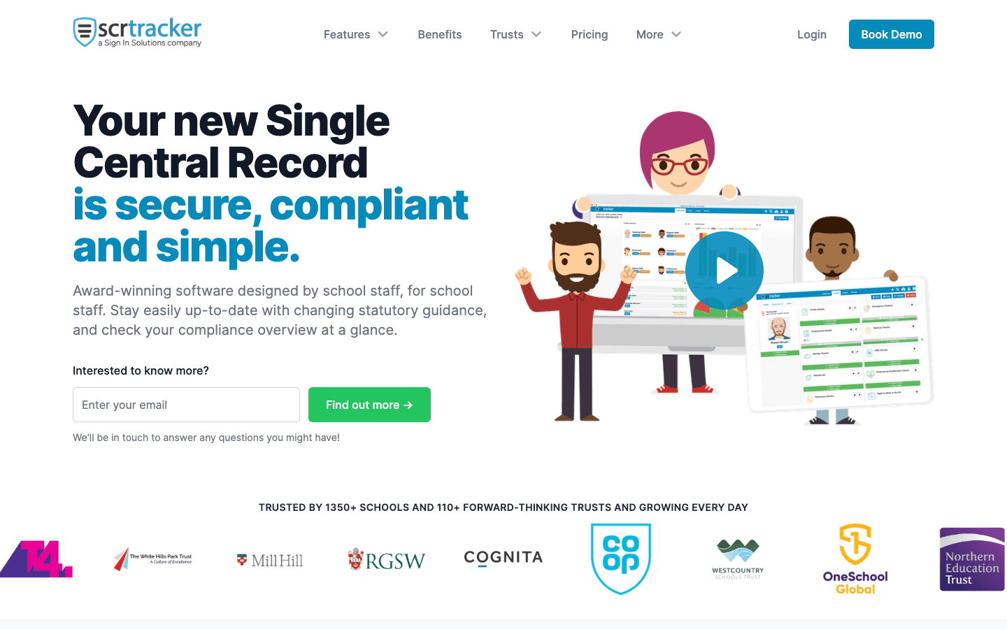 SCR Tracker website showing the school recruitment compliance product